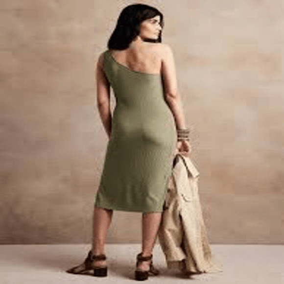Banana Republic Tate Olive Green Ribbed Modest ONE-SHOULDER DRESS Sz  L - Picture 1 of 8